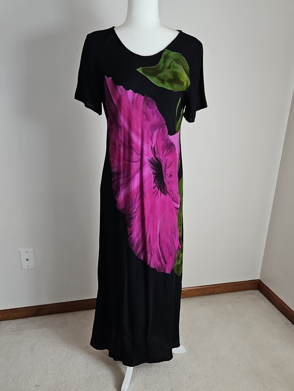 Carole Little Vintage SZ 14 Black Maxi Dress Pink Floral Artsy Indie